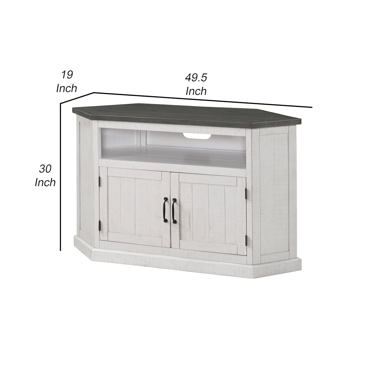 Benjara Alexa 50 Inch TV Corner Entertainment Console, Cubby, Cabinet, White, Gray, Black