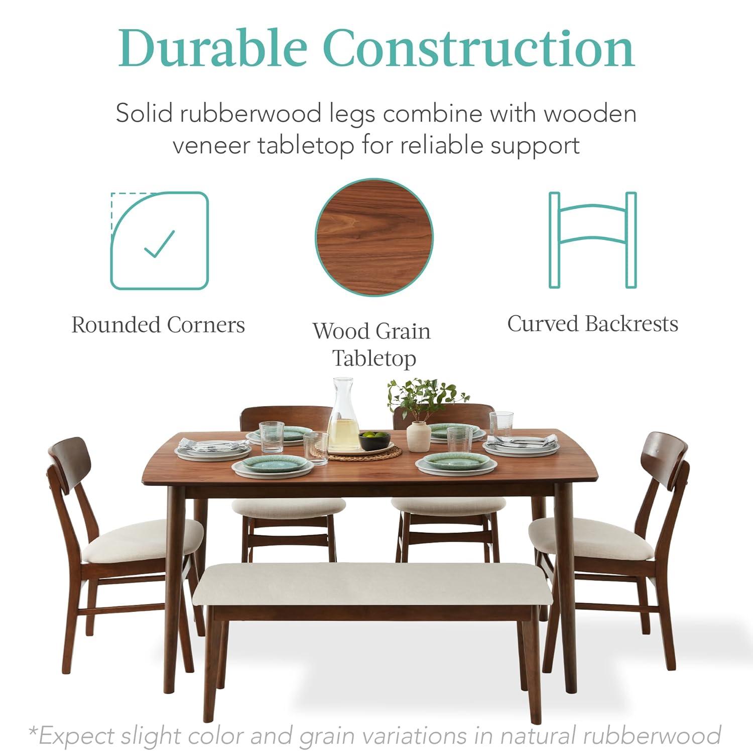 Best Choice Products 6-Piece Mid-Century Modern Upholstered Wooden Dining Set w/ 4 Chairs, Bench - Walnut/Cream
