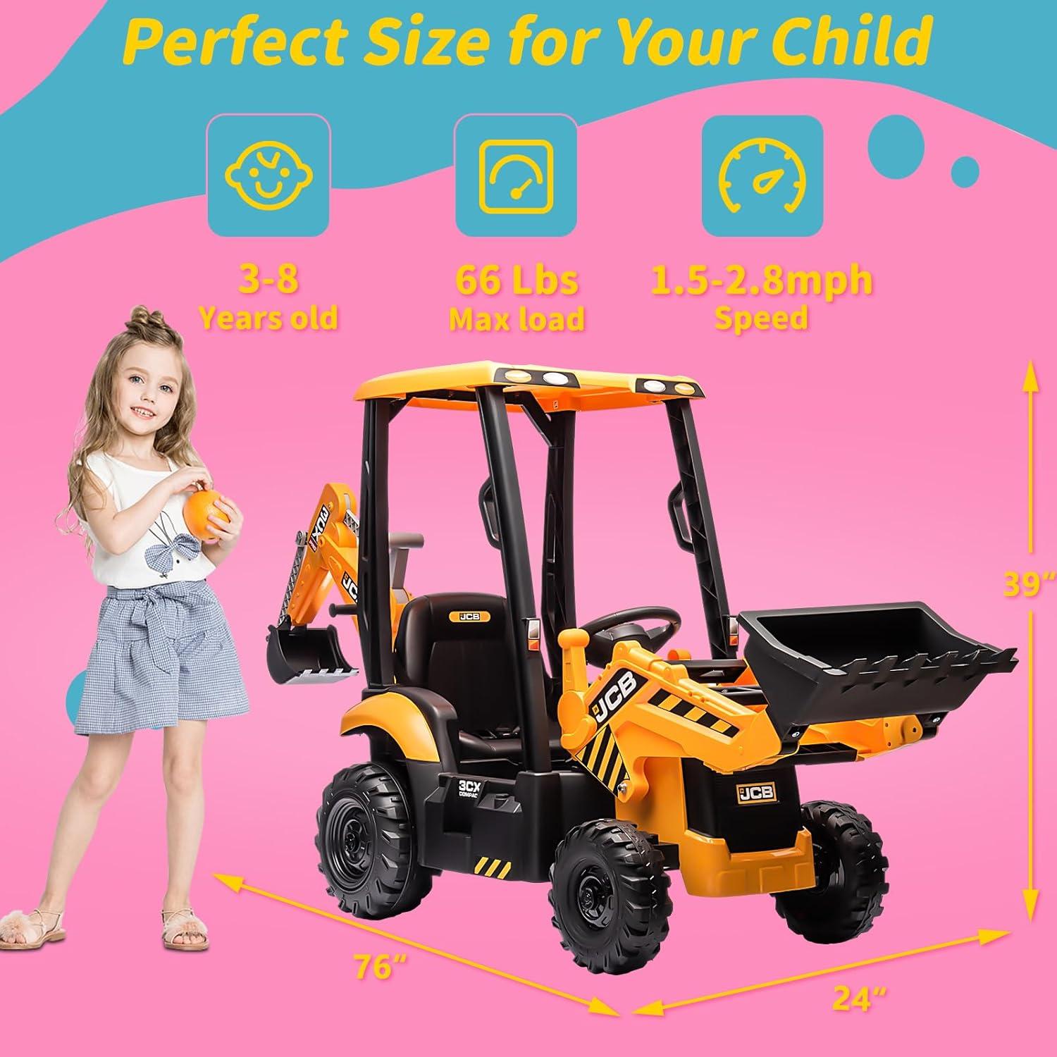 EastVita 12V Ride on Toys Tractor, Kids Ride on Car Toy Excavator Bulldozer, 12V Digger w/Trailer, Shovel Bucket, Digger, Remote Control, EVA Tires, LED Lights, Music, USB