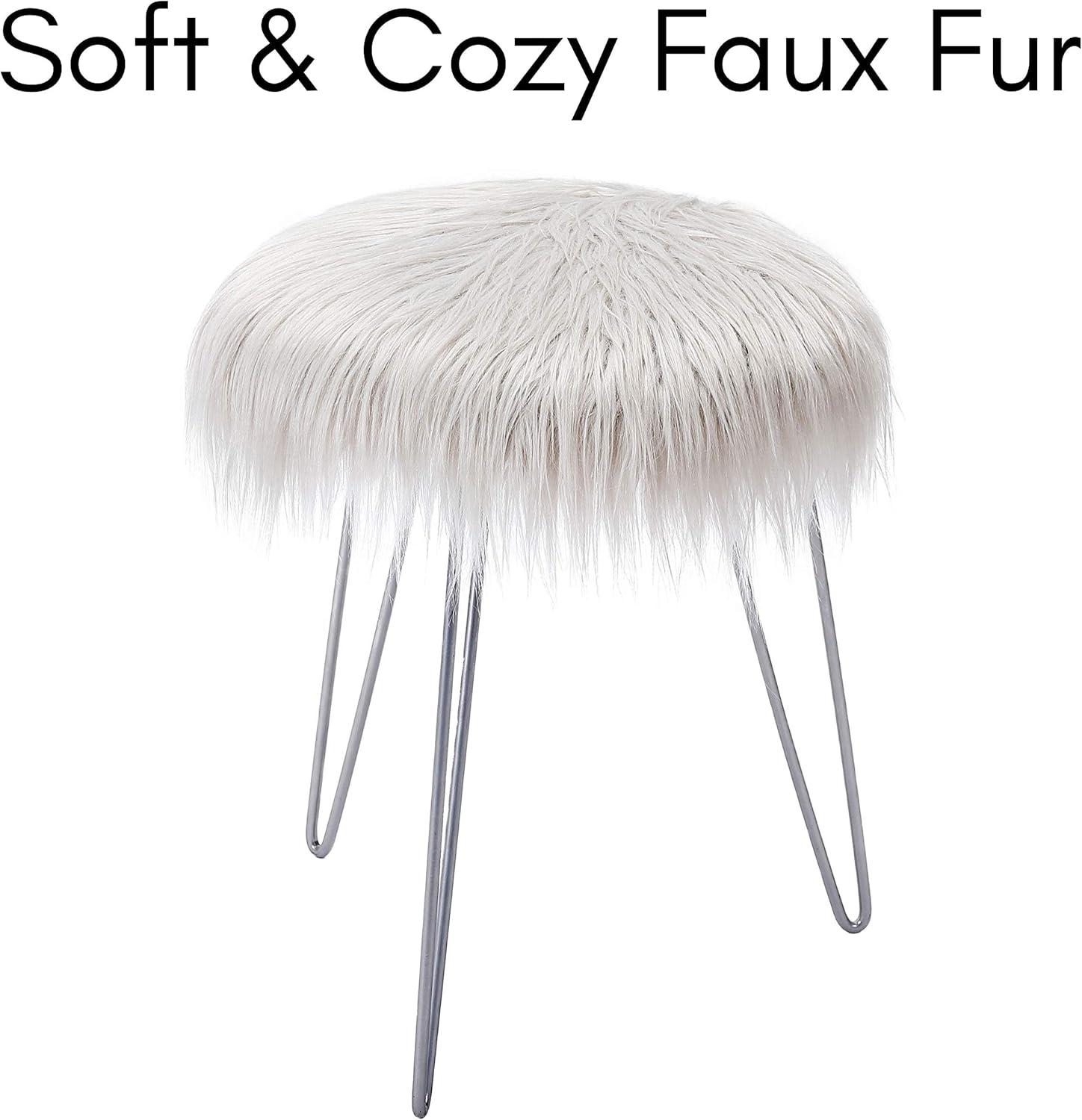BirdRock Home Round Faux Fur Foot Stool Ottoman - Grey with Silver Legs
