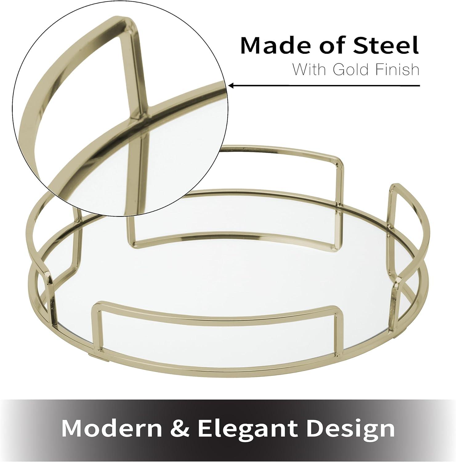 Home Details Modern Round Mirror Vanity Tray in Satin Gold