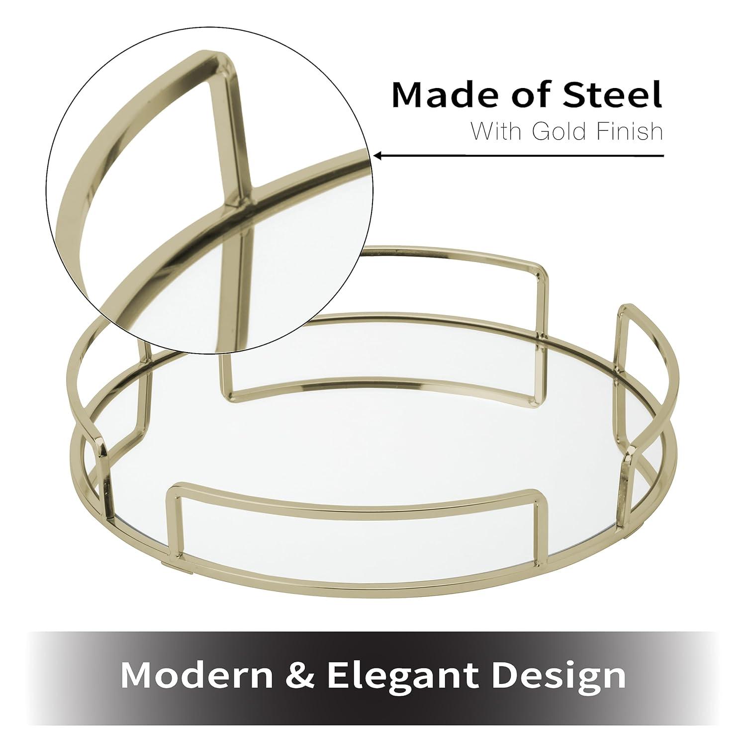 Home Details Modern Round Mirror Vanity Tray in Satin Gold