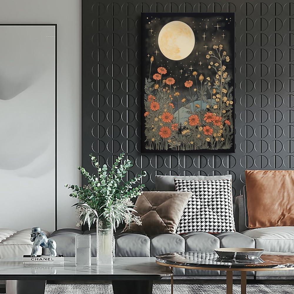 Celestial Star Canvas Wall Art，Vintage Poster，Dark Aesthetic Moon Stars and Flowers Decor, Prints Goth Room Picture Witchy Gothic Wall Decor for Living Room Bedroom 12 x 16 in Unframed