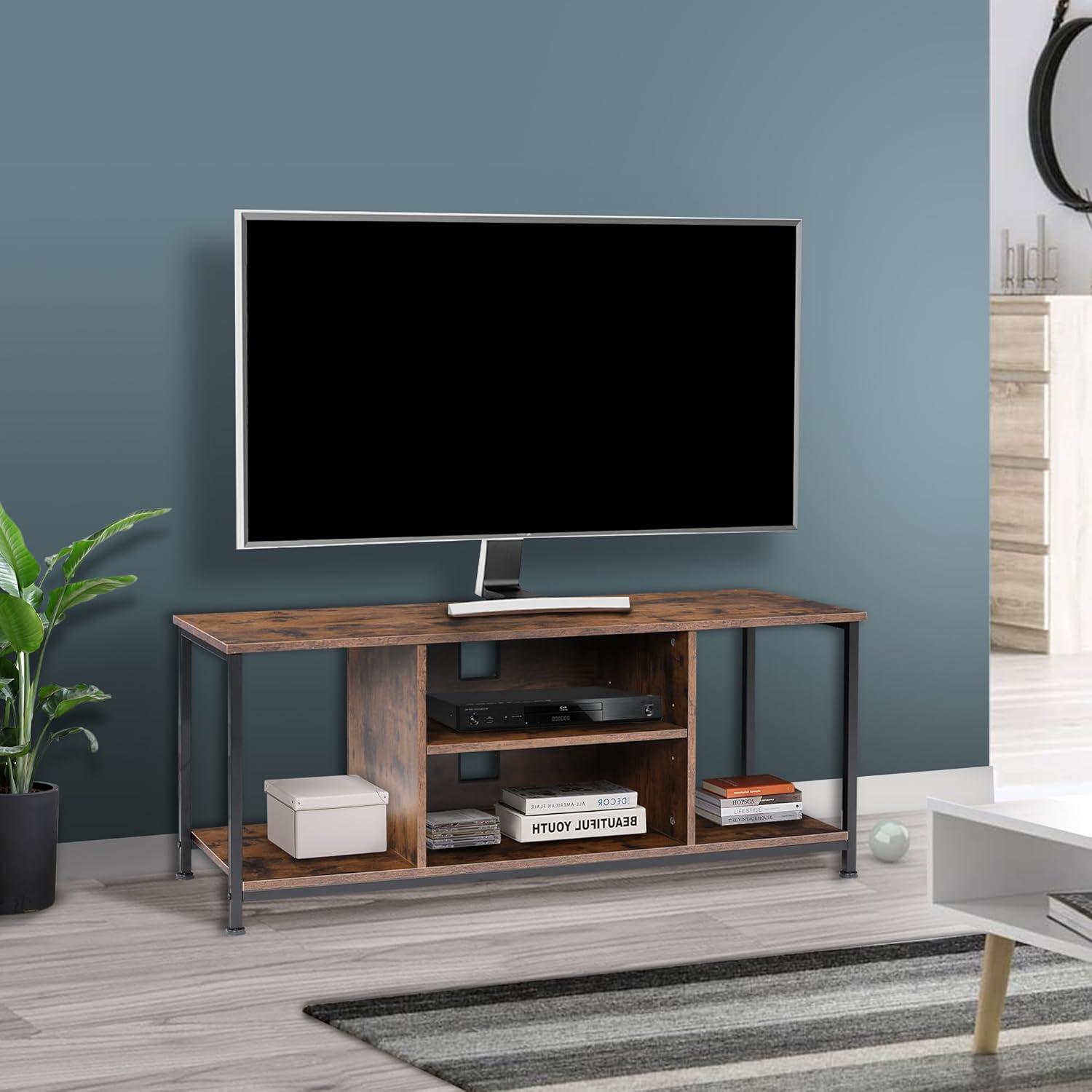 TV Stand for Up to 55 Inch TVs, Accent TV Cabinet with Open Shelf for Living Room, Media Center, Steel Frame, Rustic Brown and Black