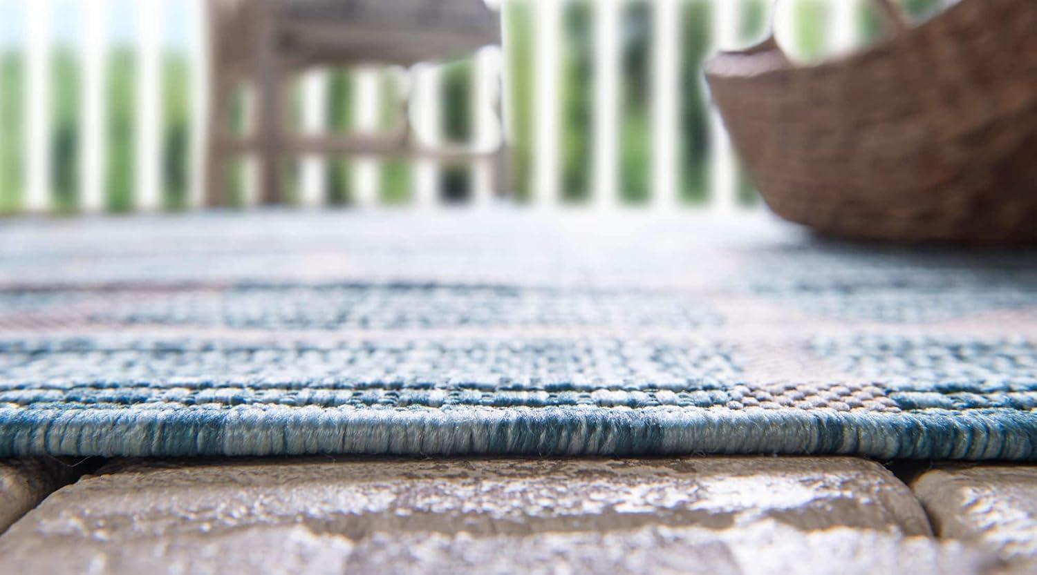 Aqua Blue Abstract Low Pile Indoor/Outdoor Area Rug