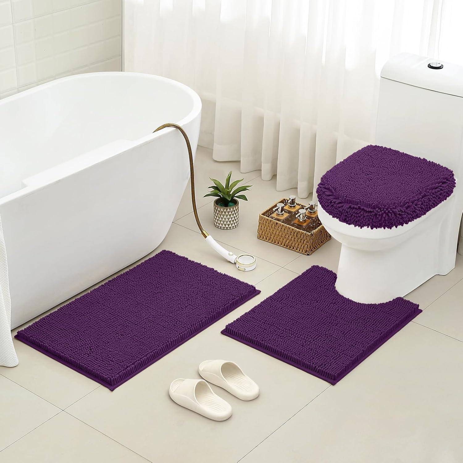 HOMEIDEAS 3 Pieces Dark Purple Bathroom Rugs Set, Ultra Soft Non Slip Bath Rug and Absorbent Chenille Bath Mat, Includes U-Shaped Contour Rug, Bath Mat and Toilet Lid Cover, Perfect for Bathroom Floor