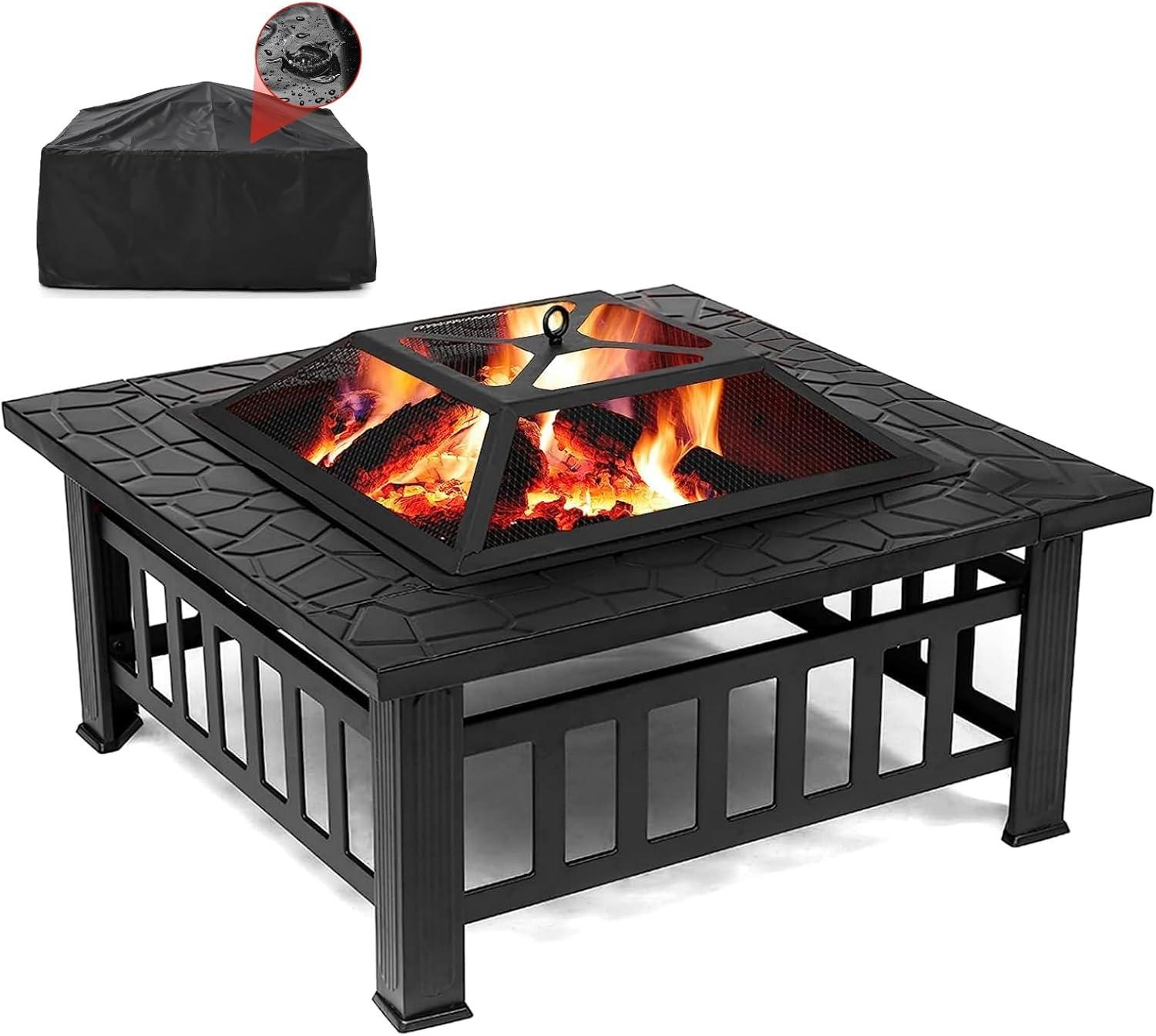 SINGLYFIRE 32 Inch Fire Pit with Table for Outside Square Metal Firepit Black