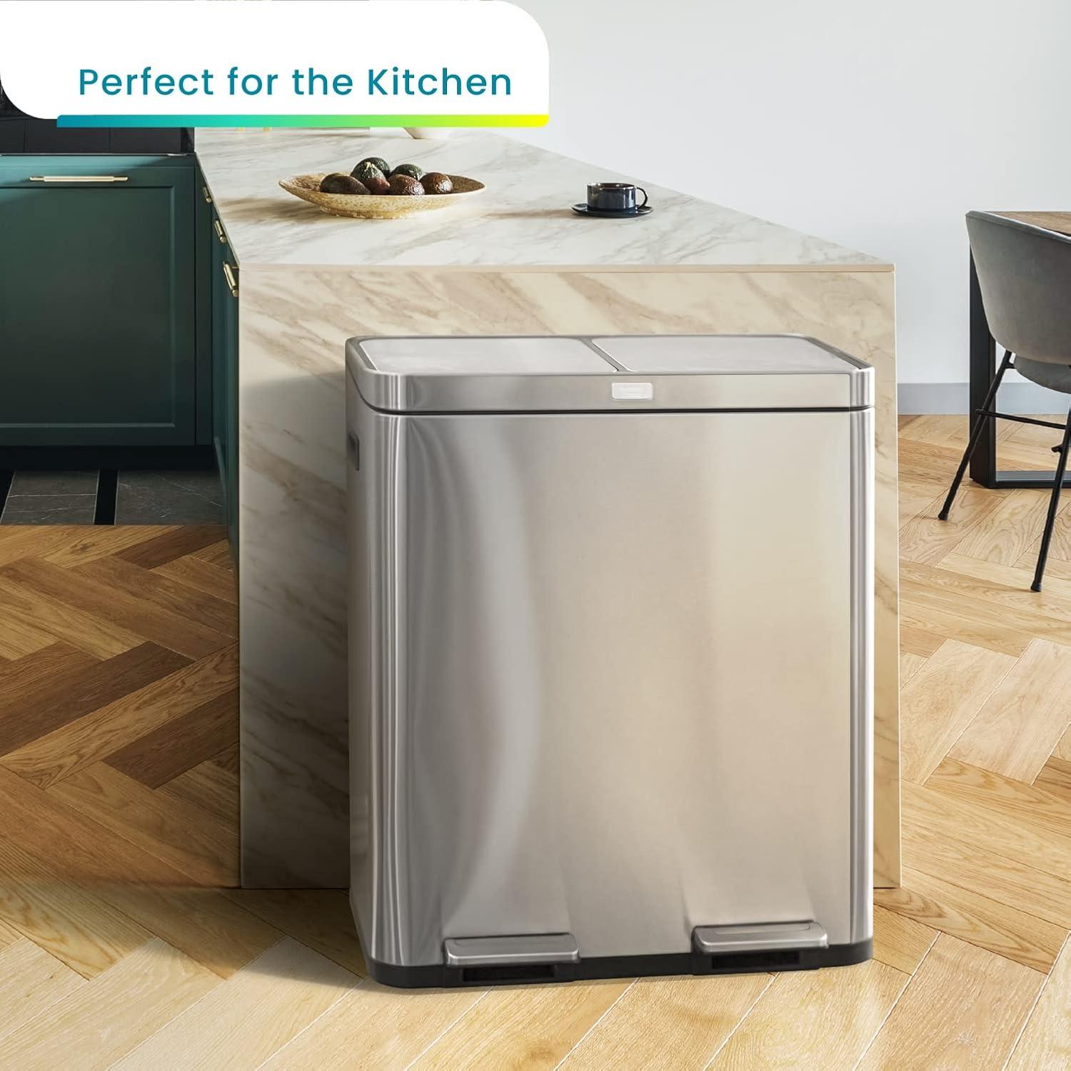 Home Zone Living 15.8 Gallon Stainless Steel Dual Kitchen Trash Can with CleanAura