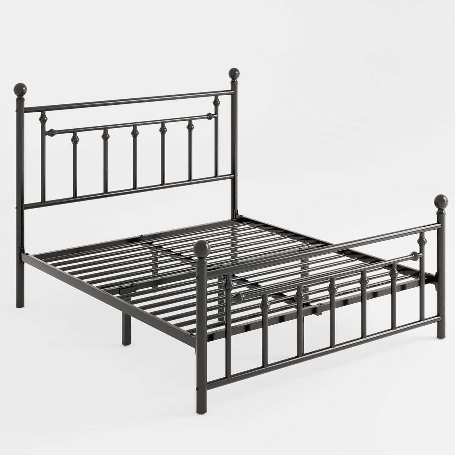 Black Metal Queen Platform Bed Frame with Victorian Headboard and Storage