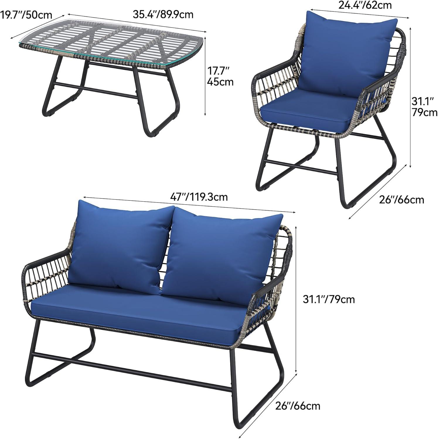 Navy Blue 4-Piece Wicker Patio Conversation Set with Cushions and Metal Table