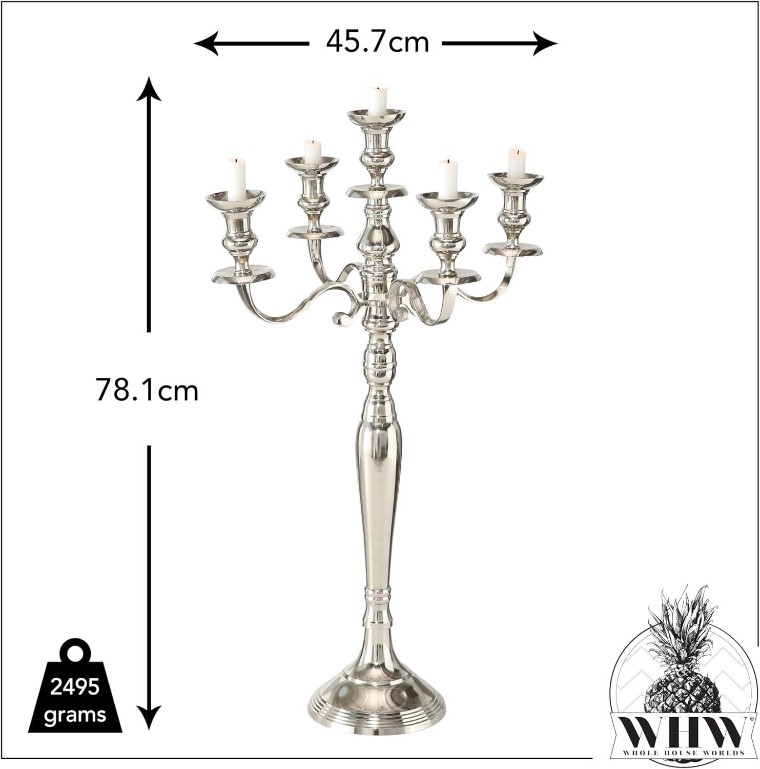 The Hamptons Five Candle Silver Candelabra, Hand Crafted of Silver Aluminum Nickel, 2 1/2 FT High, (30 3/4 Inches)By Whole House Worlds