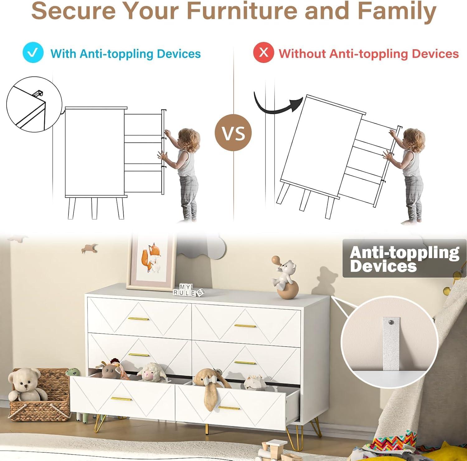 JOZZBY Dresser for Bedroom, 6 Drawer White Wood Dresser with Gold Handles, Modern Dressers & Chests of Storage Drawers for Hallway, Entryway