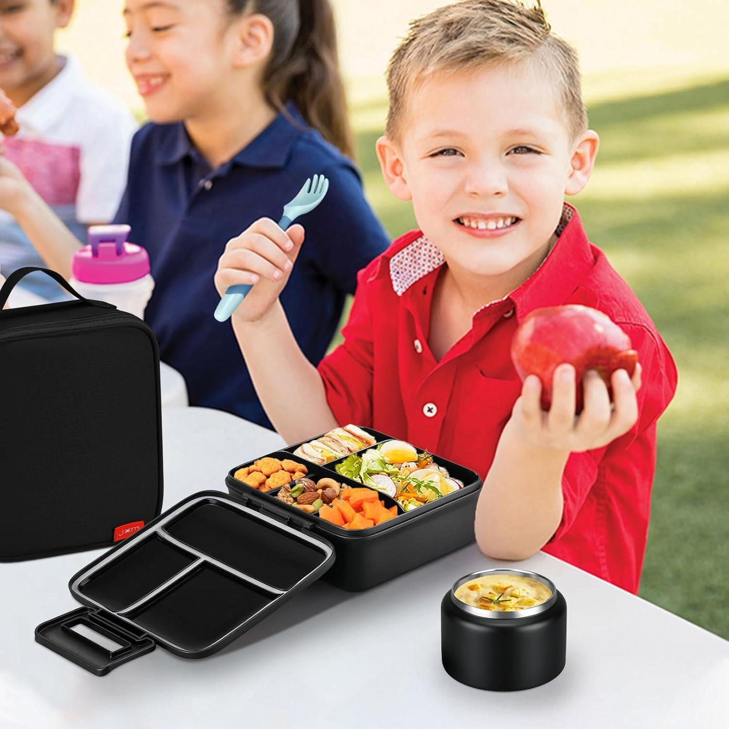 Bento Lunch Box for Kids With 8oz Soup thermo,Leak-proof Lunch Containers with 5 Compartment,thermo Food Jar and Lunch Bag, Food Containers for School (A-Black(Game Consoley))