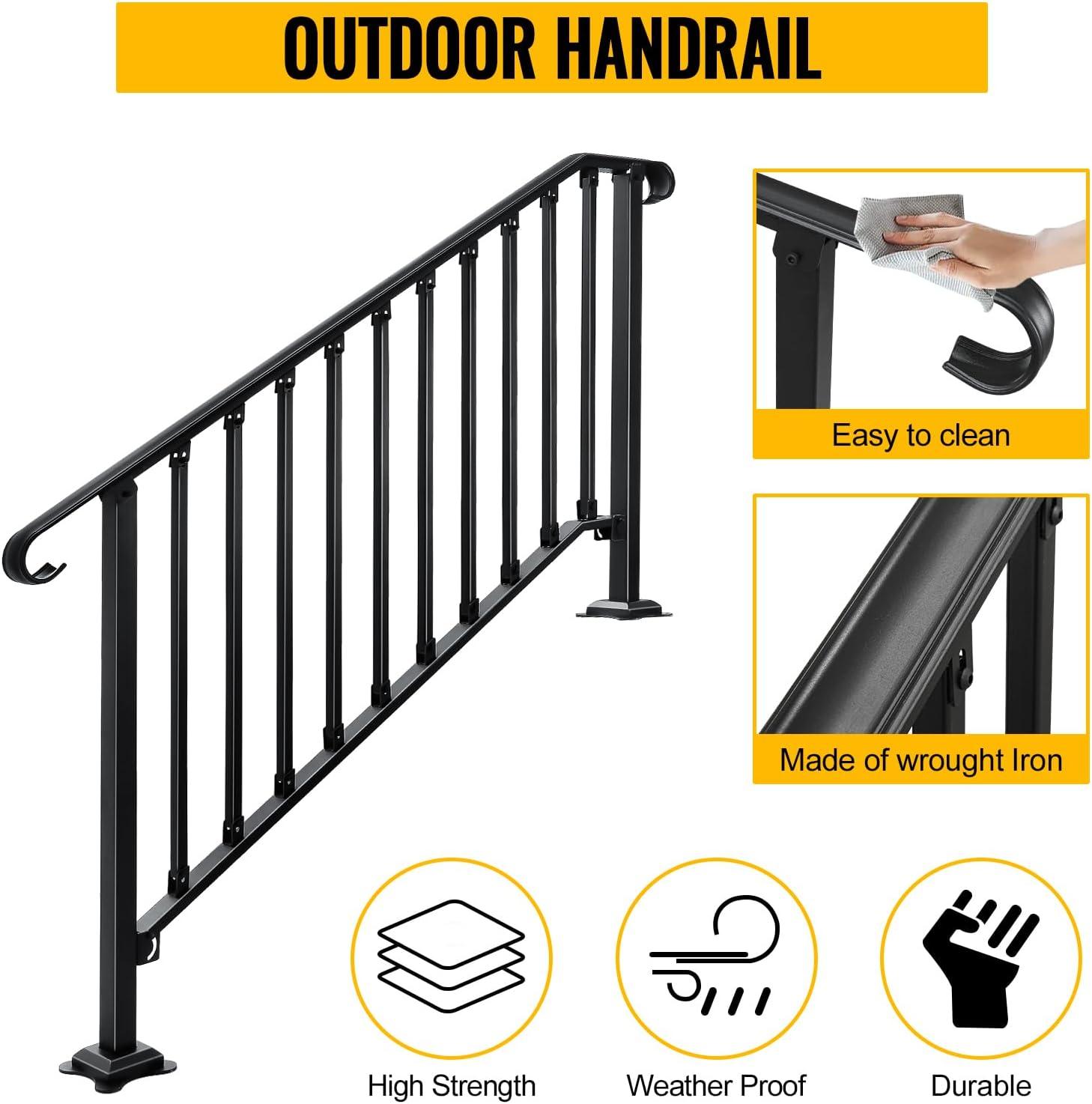 HLL Handrails for Outdoor Steps, Black Wrought Iron Handrail Fits 4 or 5 Steps, Transitional Handrail with Installation Kit, Stair Railing for Concrete Steps or Wooden Stairs