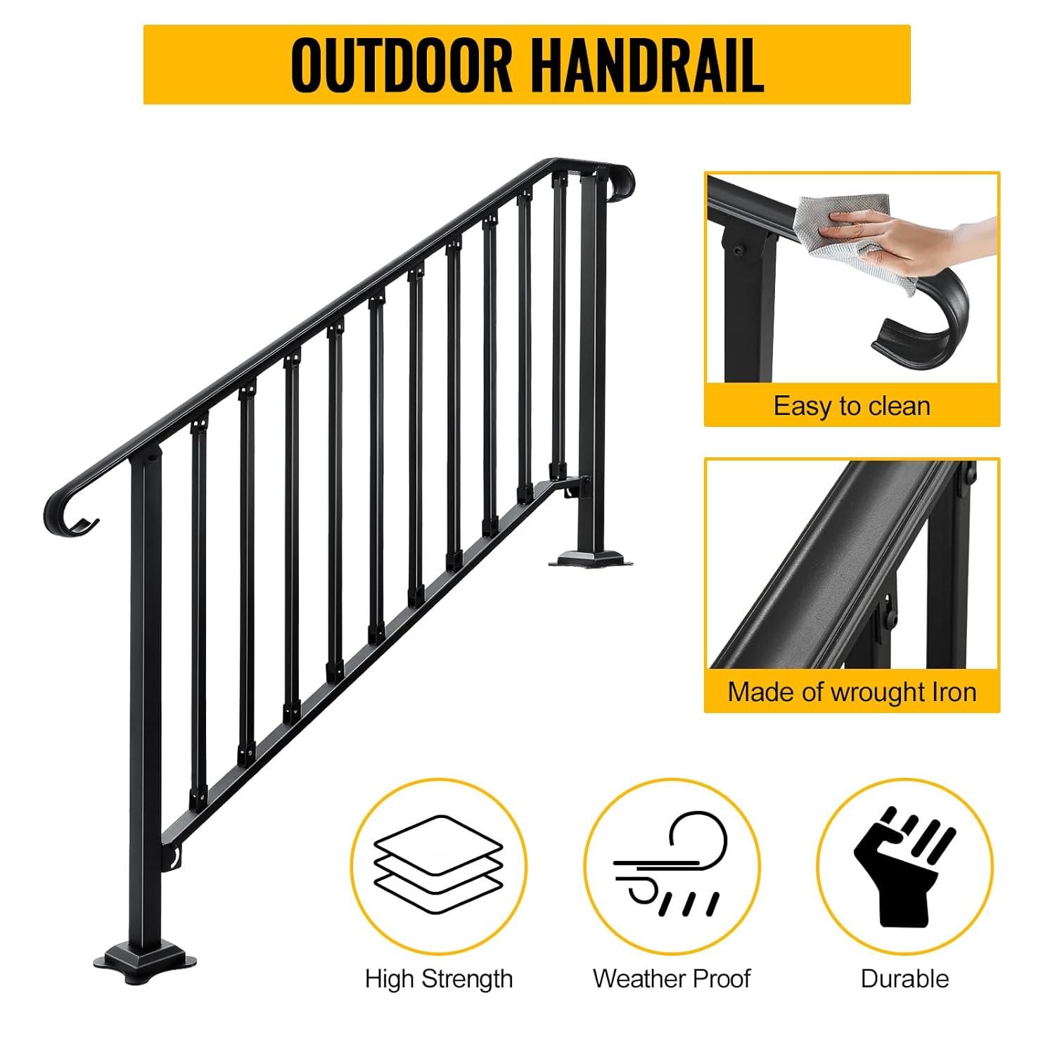 HLL Handrails for Outdoor Steps, Black Wrought Iron Handrail Fits 4 or 5 Steps, Transitional Handrail with Installation Kit, Stair Railing for Concrete Steps or Wooden Stairs