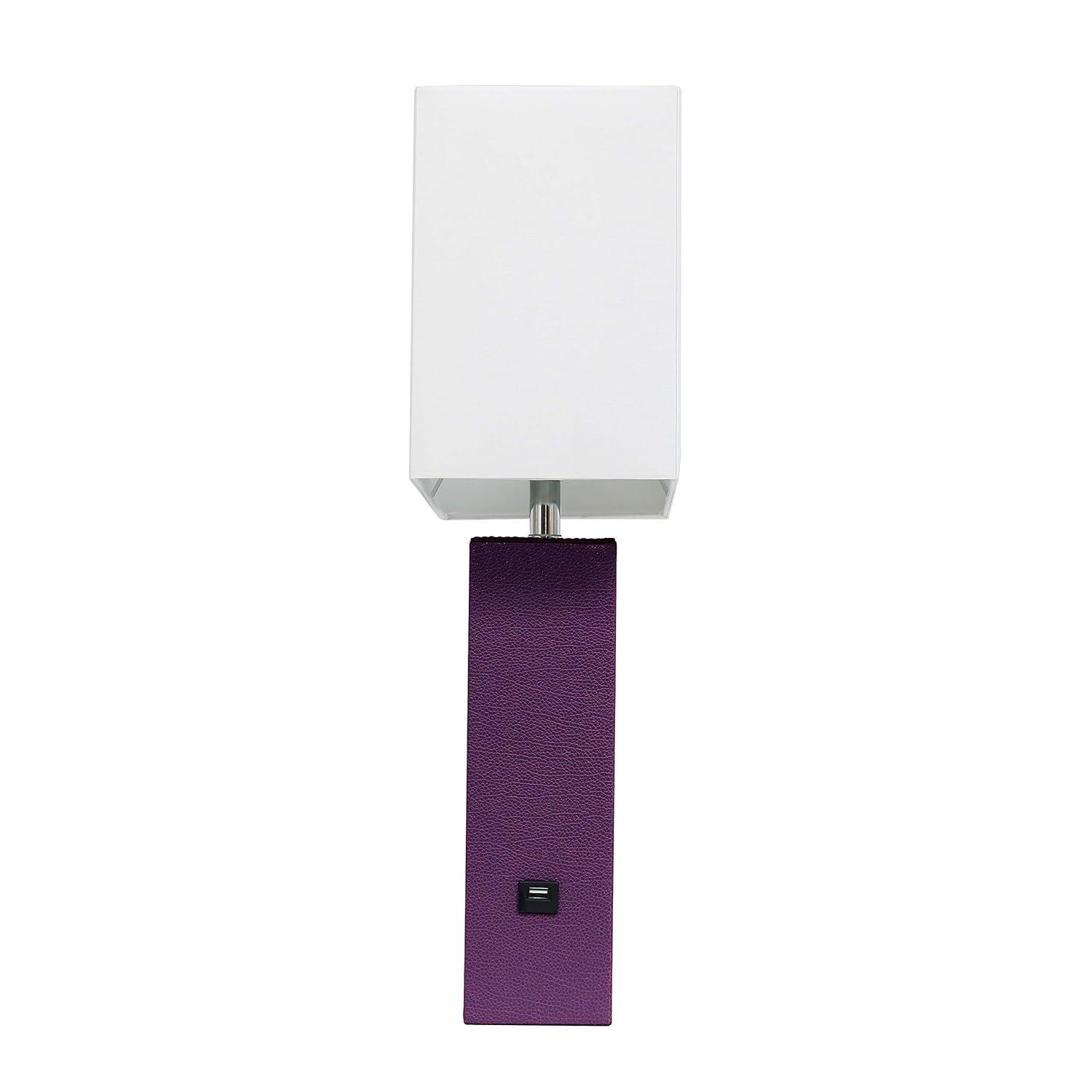 Modern Leather Table Lamp with USB and Fabric Shade Eggplant - Elegant Designs: No Assembly, UL Listed
