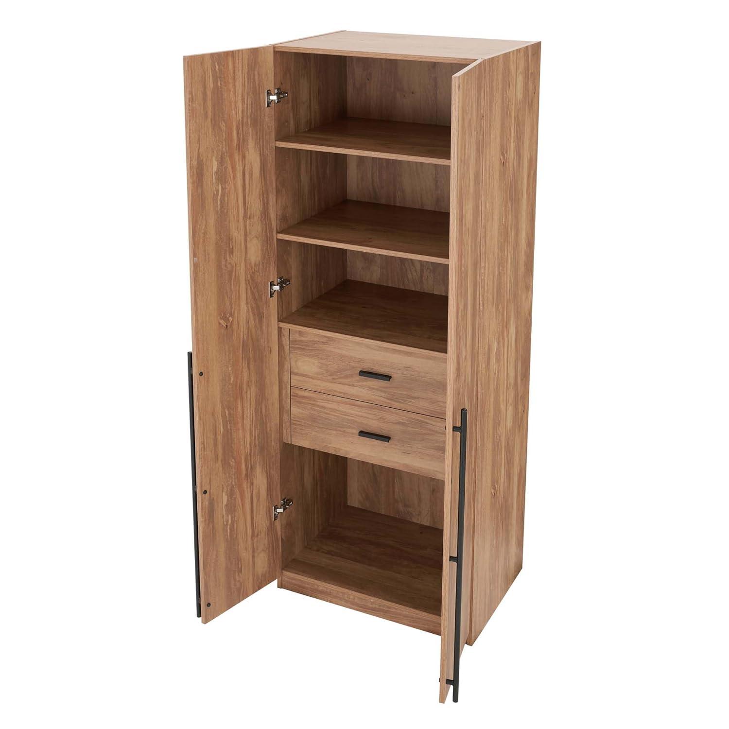 Manhattan Comfort Set of 2 Lee 2 Door and 2 Drawer Wardrobe Closets Golden Brown: Modern MDF, Metal Hardware, 8 Shelves
