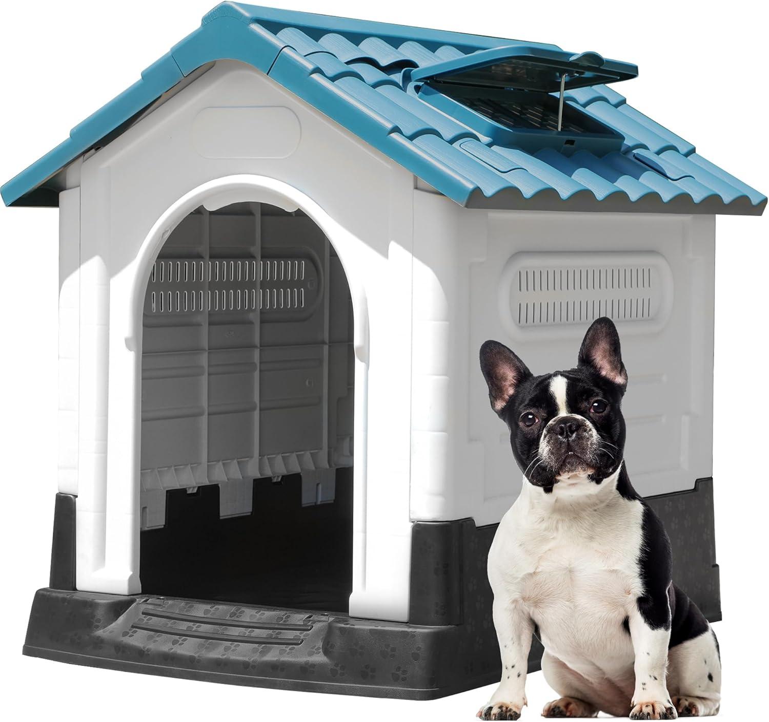 Dextrus Large Foldable Plastic Doghouse, 26.8''Lx22.4''Wx26''H Outdoor Plastic Dog House for Small Breeds with Adjustable Skylight and Elevated Floor