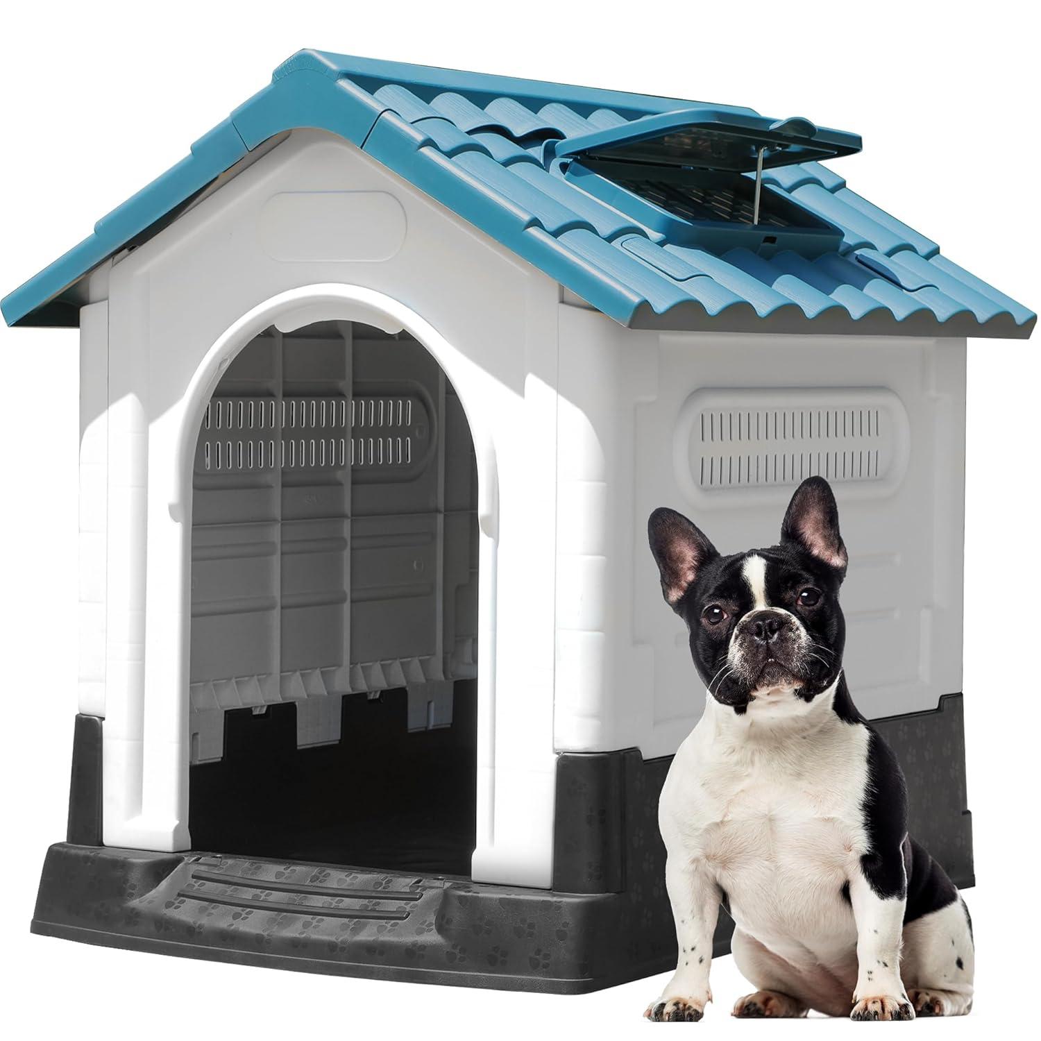 Dextrus Large Foldable Plastic Doghouse, 26.8''Lx22.4''Wx26''H Outdoor Plastic Dog House for Small Breeds with Adjustable Skylight and Elevated Floor