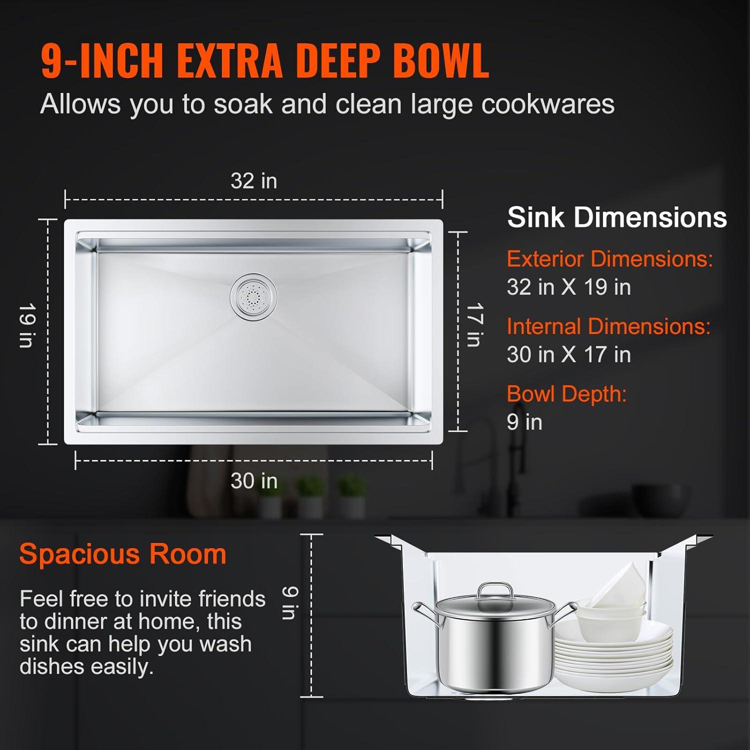 32'' L Undermount Single Bowl Stainless Steel Kitchen Sink