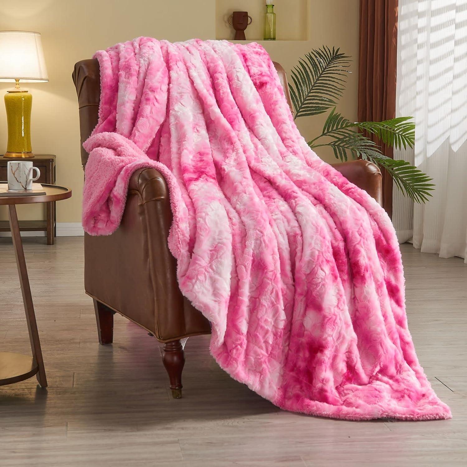 PAVILIA Fluffy Faux Fur Reversible Throw Blanket for Bed, Sofa, and Couch