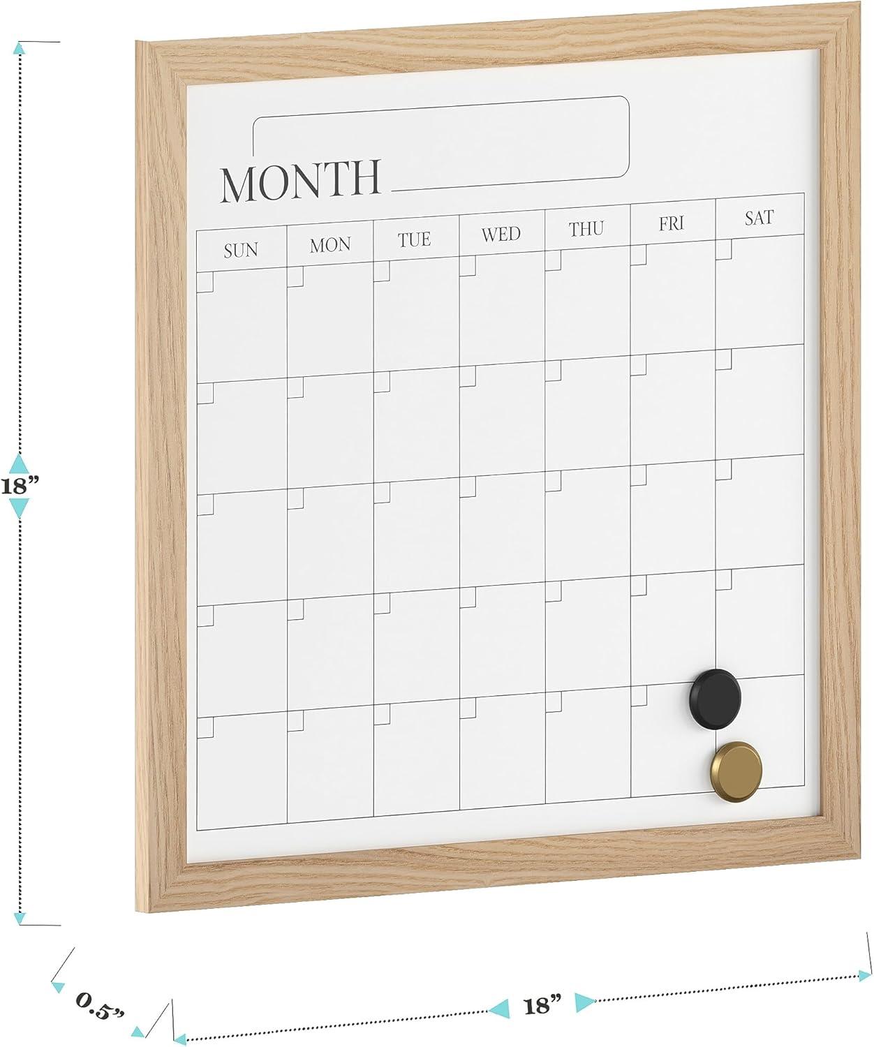 Martha Stewart Everette 18" x 18" Magnetic Monthly Calendar Dry Erase Board with Light Natural Woodgrain Frame, Included Dry Erase Marker and 2 Magnets