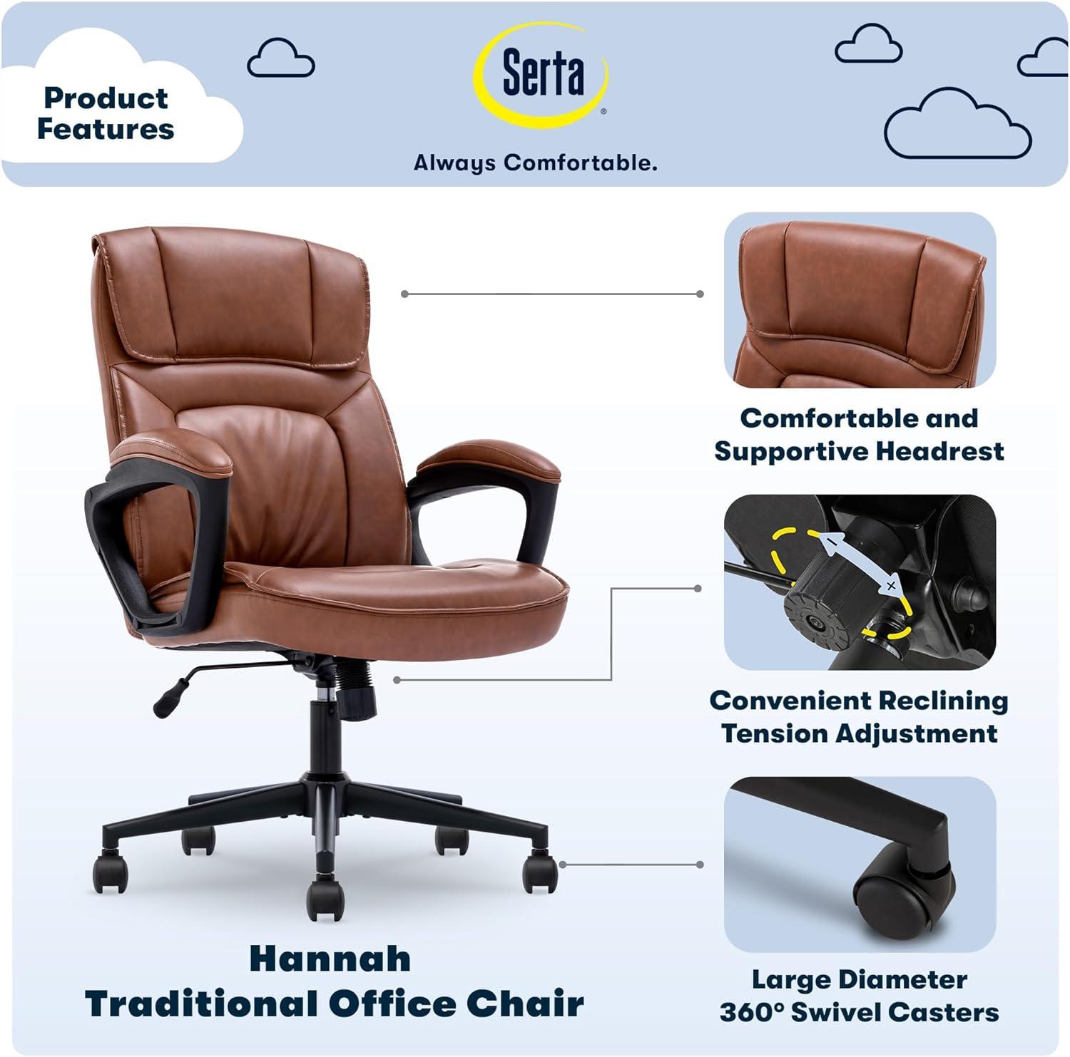 Style Hannah Office Chair Bonded Leather Comfort Cognac - Serta: Ergonomic Lumbar Support, Adjustable Height