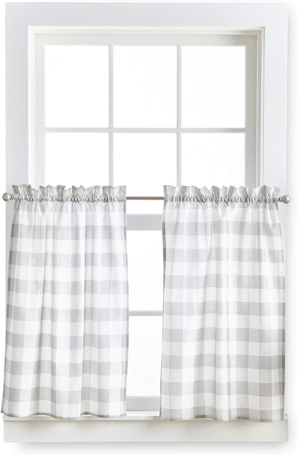 Curtainworks Buffalo Check Indoor Polyester Light Filtering Rod Pocket Valance and Tier Set , Grey , 56"x36" , Set of 3