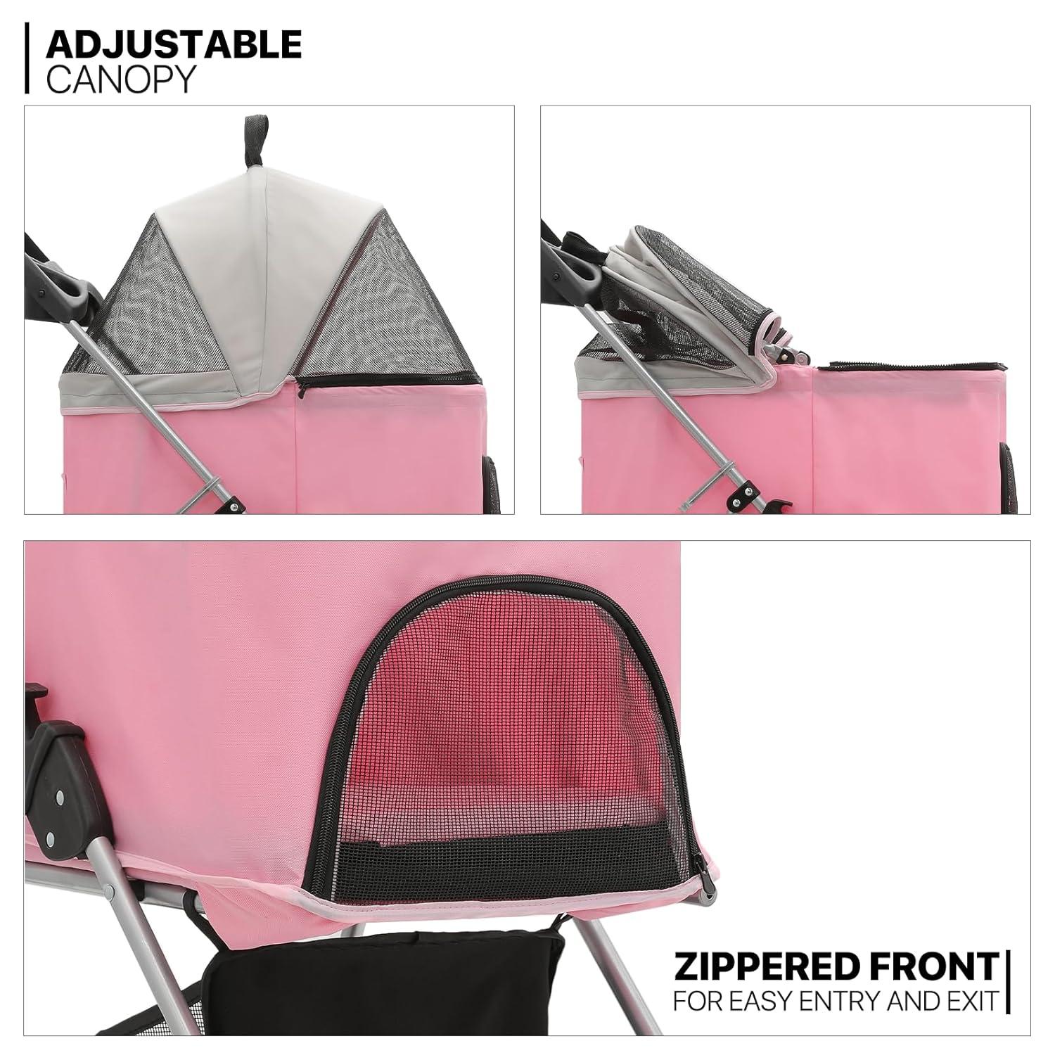 MoNiBloom 4 Wheel Lightweight Foldable Dog Pet Stroller, Pink