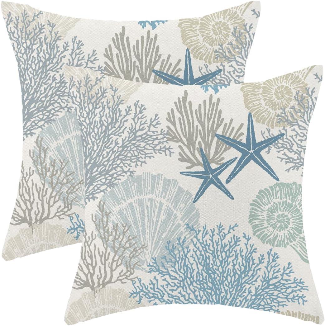 Burnt Orange Summer Outdoor Coastal Pillow Covers 18x18 Inch Set of 2 Fall Coral Seashell Starfish Throw Pillows Ocean Themed Beach Nautical Decorative Cushion Cases for Couch Decorations