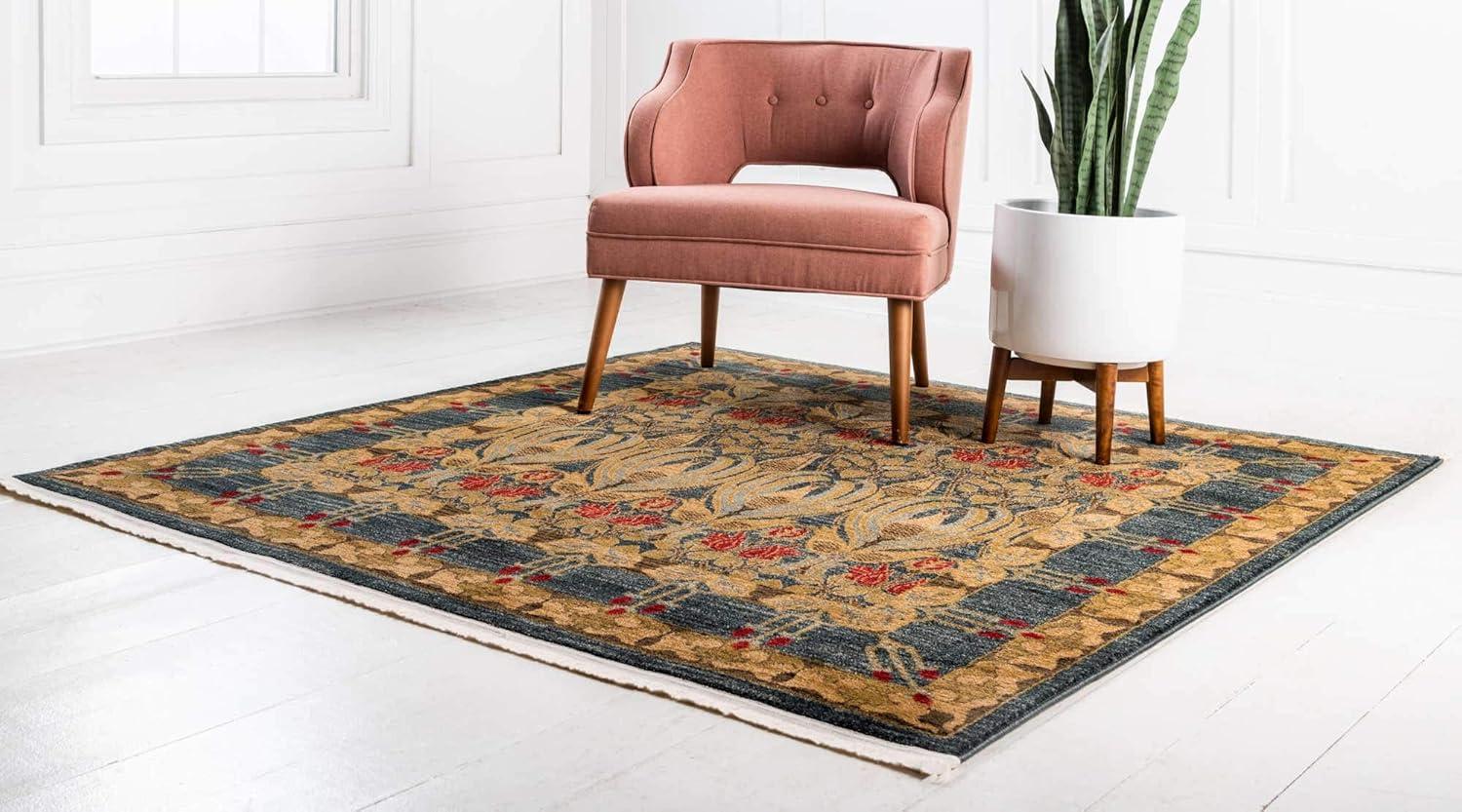 Unique Loom Canmore Edinburgh Rug Navy Blue/Tan 6' Square Border Bohemian Perfect For Dining Room Living Room Bed Room Kids Room