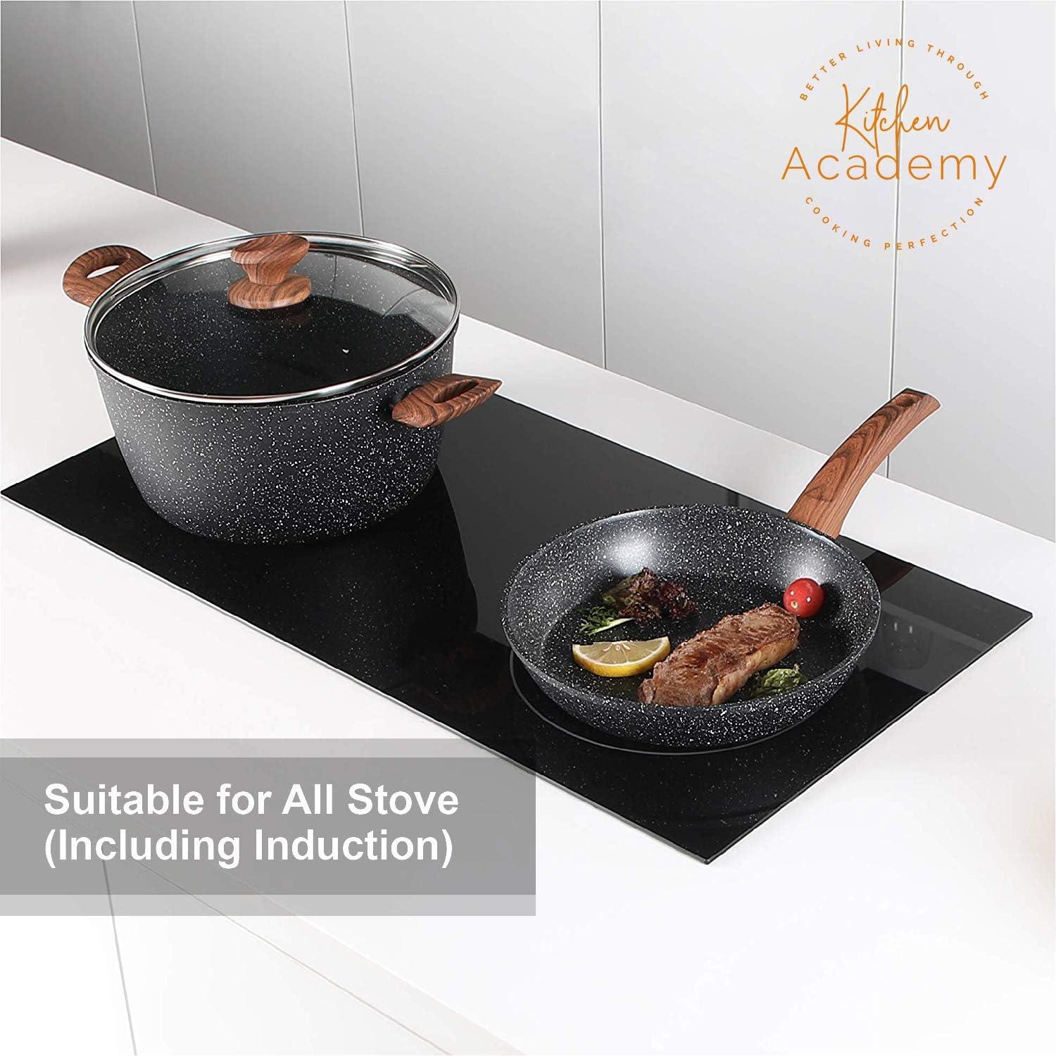 BN-LINKKL Kitchen Academy Induction Cookware Sets - 12 Piece Cooking Pan Set, Granite Black Nonstick Pots And Pans Set