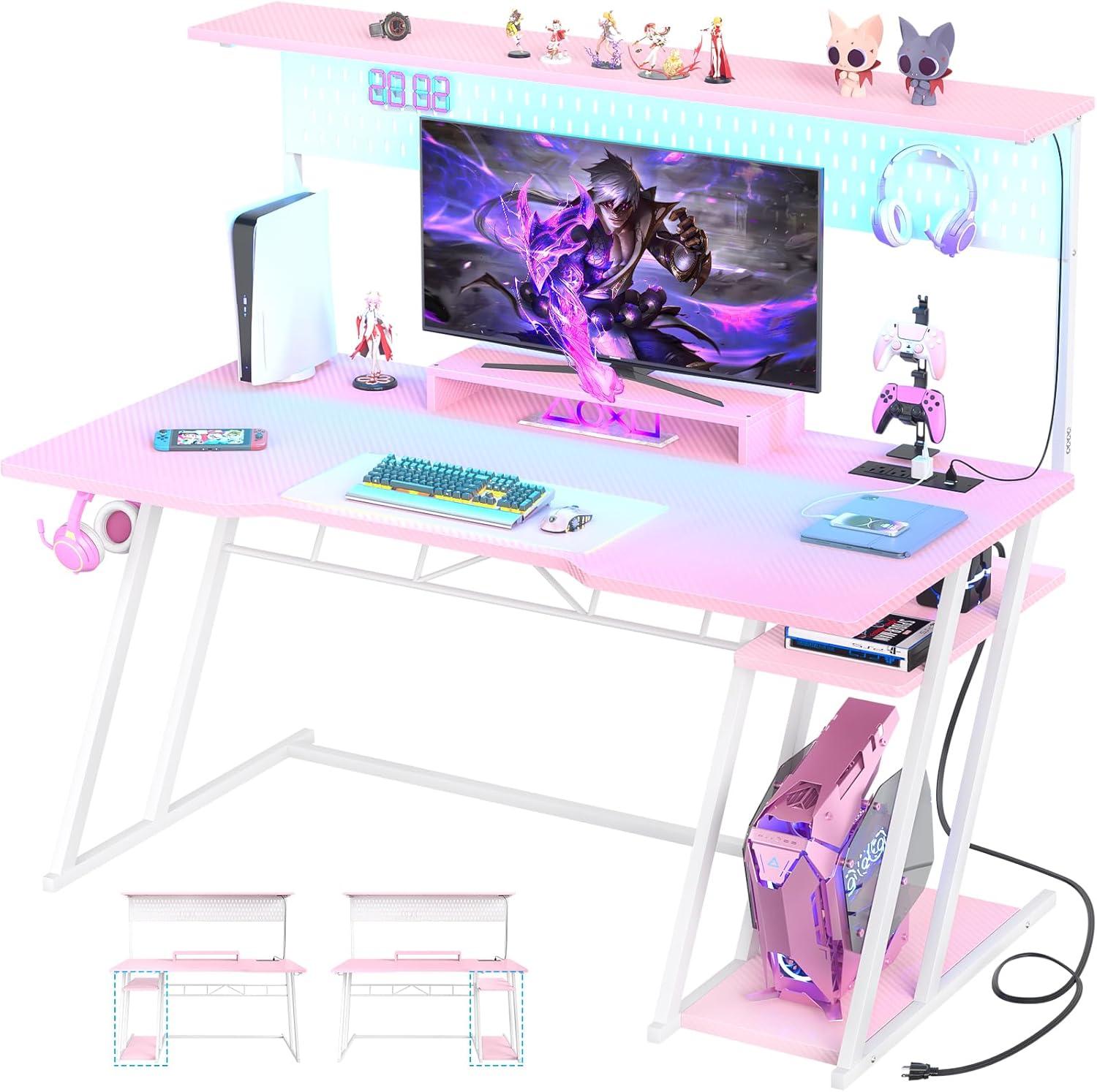 Pink 55'' Gaming Desk with Hutch and LED Lights