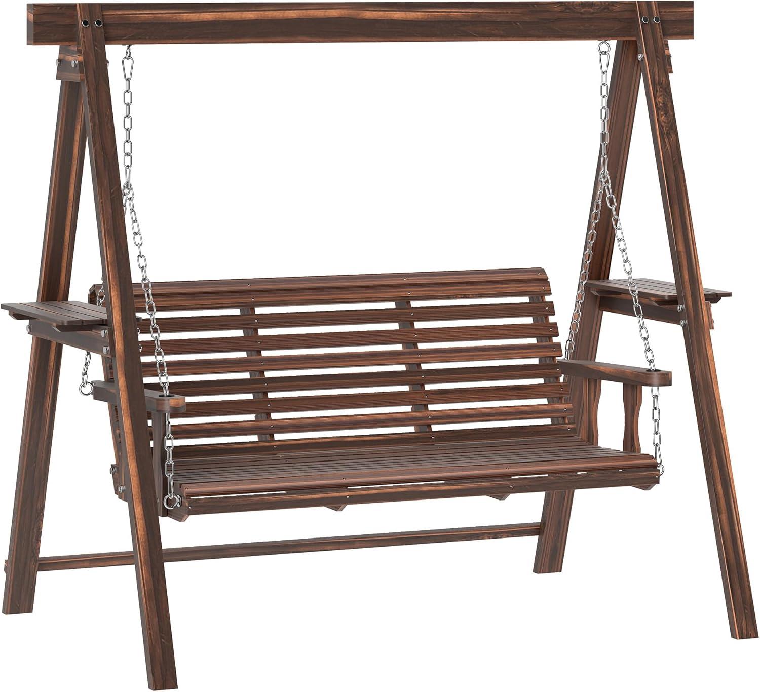 Outsunny 3 Seat Wooden Porch Swing with Stand, Patio Swing Chair with Side Tables, Carbonized Brown