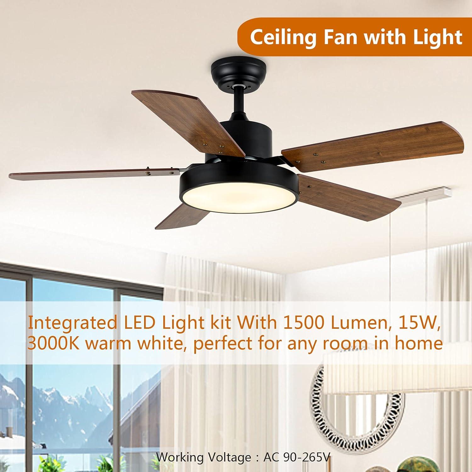 Simple Deluxe 44" Ceiling Fans with Lights and Remote, Outdoor Ceiling Fans for Patios with Light, Easy to Install Ceiling Fan with Reversible Motor and Wooden Blade for All Seasons