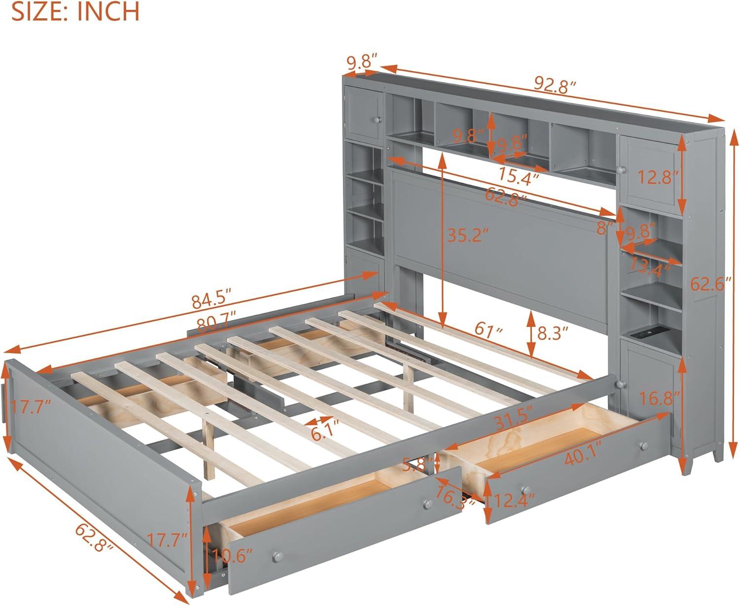 Gray Queen Size Pine Wood Storage Bed with Bookcase Headboard and Drawers