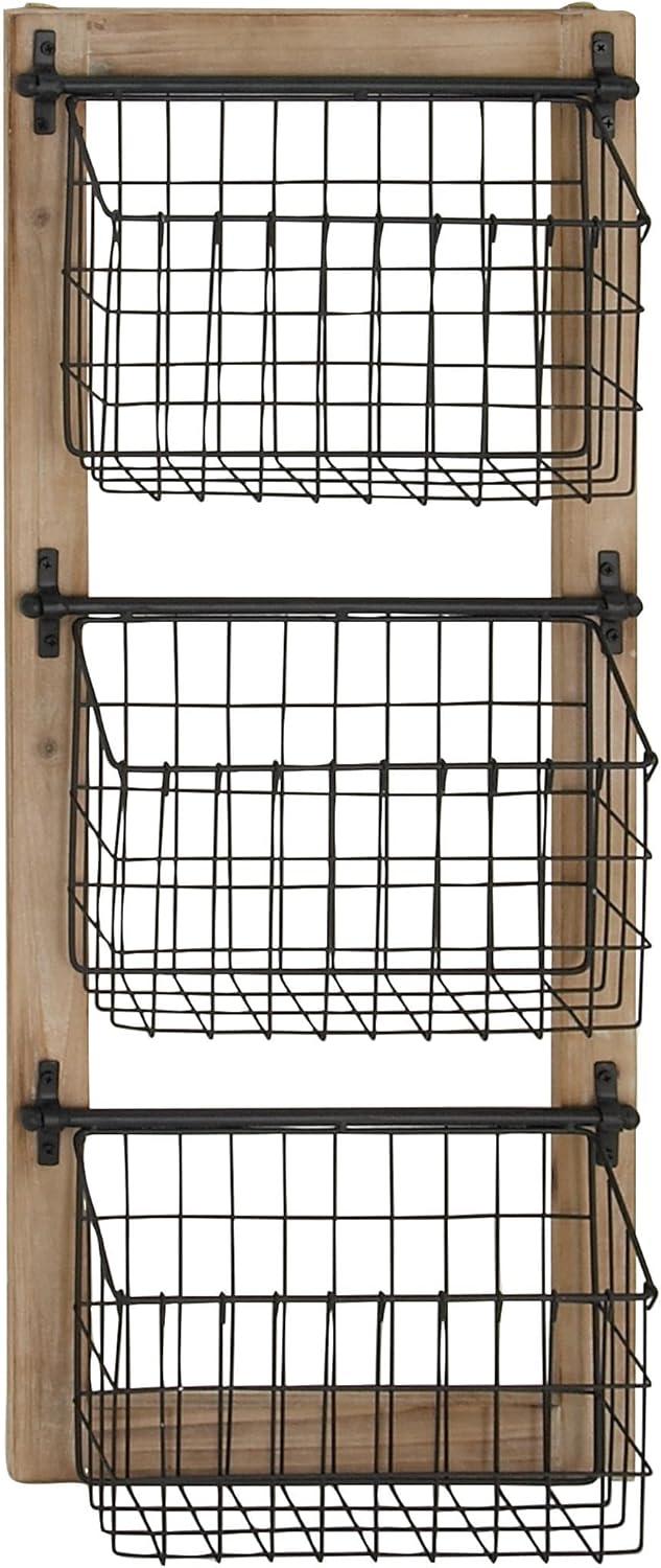 DecMode Black/Brown Farmhouse 3 Tier Hanging Metal Magazine Rack Holder, 14"W x 34"H