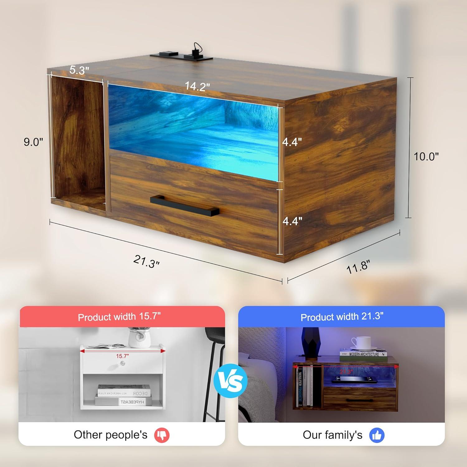 Floating Nightstand with Charging Station and LED Light Strips, 21.3" Night Stand with Drawers, Floating Bedside with USB Ports and Outlets, Bedroom Furniture