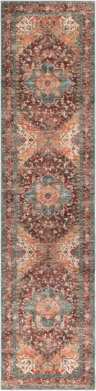 Rust and Teal Floral Flat Woven Washable Runner Rug