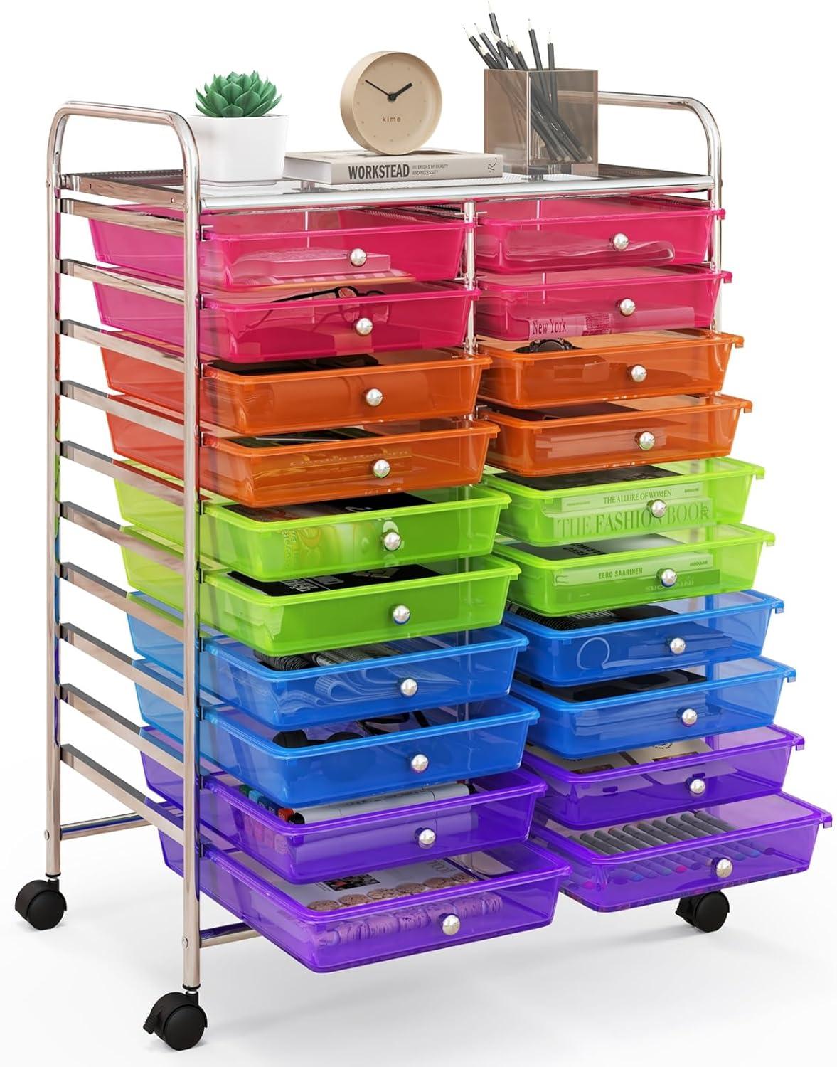 20-Drawer Organizer Cart Tools, Mobile Utility Storage Cart with Detachable Drawers & Lockable Wheels, Rolling Storage Cart with wheels for Home Office School(Multicolor)