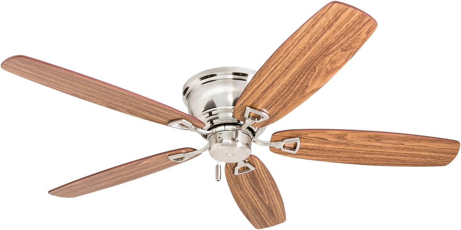 Brushed Nickel 52-Inch Flush Mount Ceiling Fan with Wood Blades