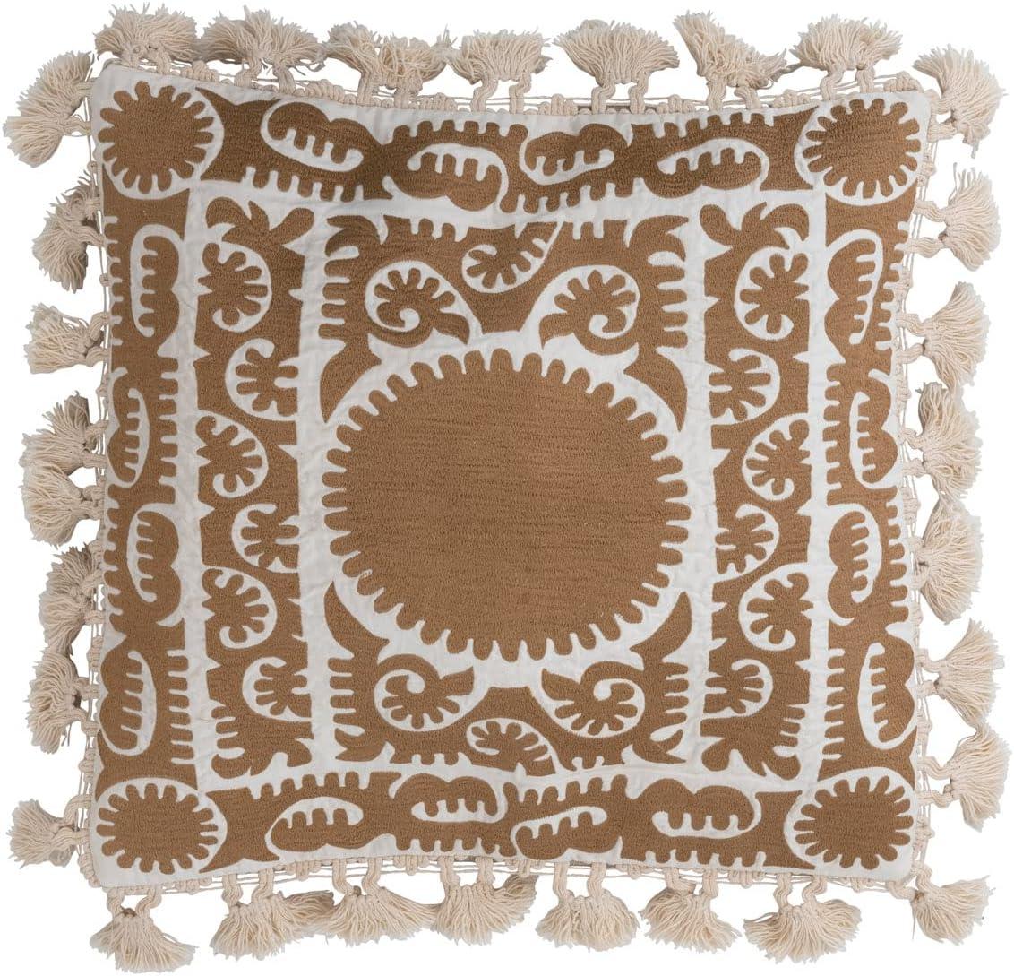 Gold and Cream Embroidered Cotton Square Pillow with Tassels