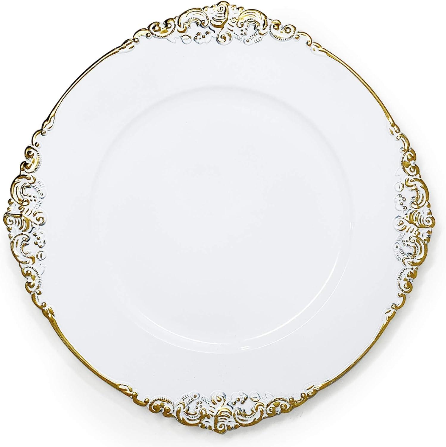 13-Inch White and Gold Floral Plastic Charger Plates, Set of 6