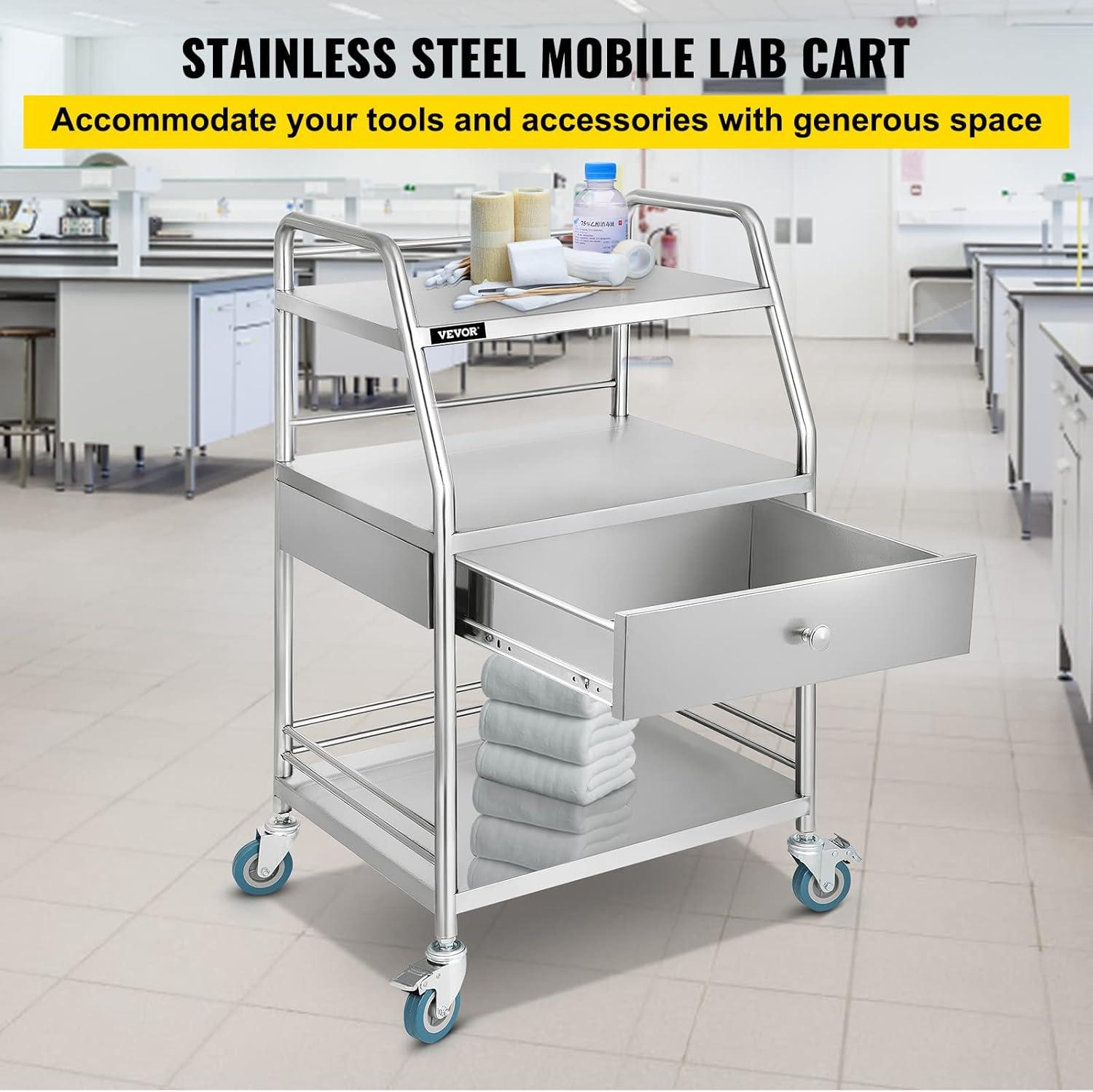 Stainless Steel 3-Shelf Rolling Lab Cart with Drawer