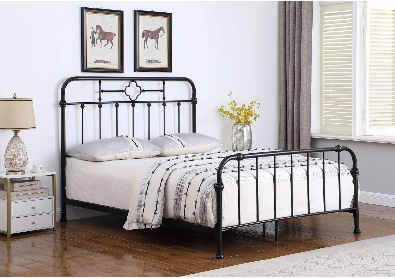 Matte Black Queen Metal Bed with Upholstered Headboard