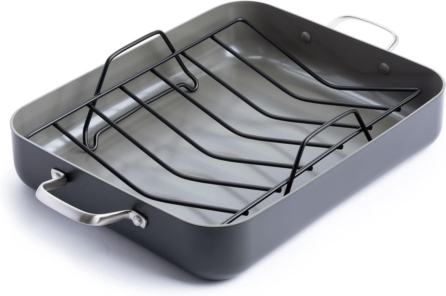 Gray Hard Anodized Nonstick Roasting Pan with Rack and Handles