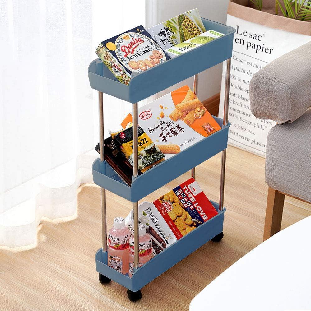 Navy Blue 3-Tier Adjustable Rolling Storage Cart with Yellow Accents