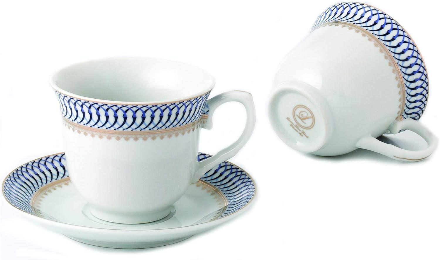 Elegant Blue and Gold Porcelain Tea Cup Set for Four