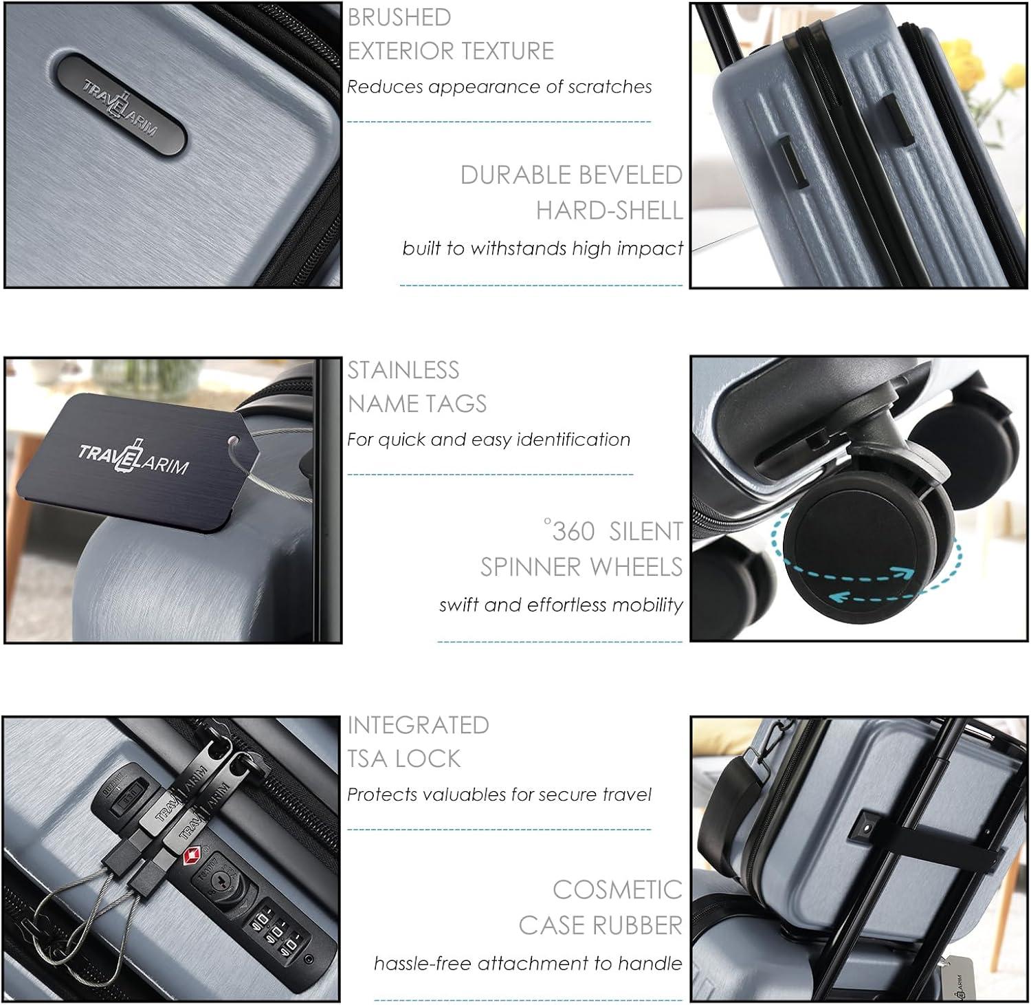 TravelArim 22" Airline Approved Hard-shell Carry On Luggage with Attachable Cosmetic Case - Gray