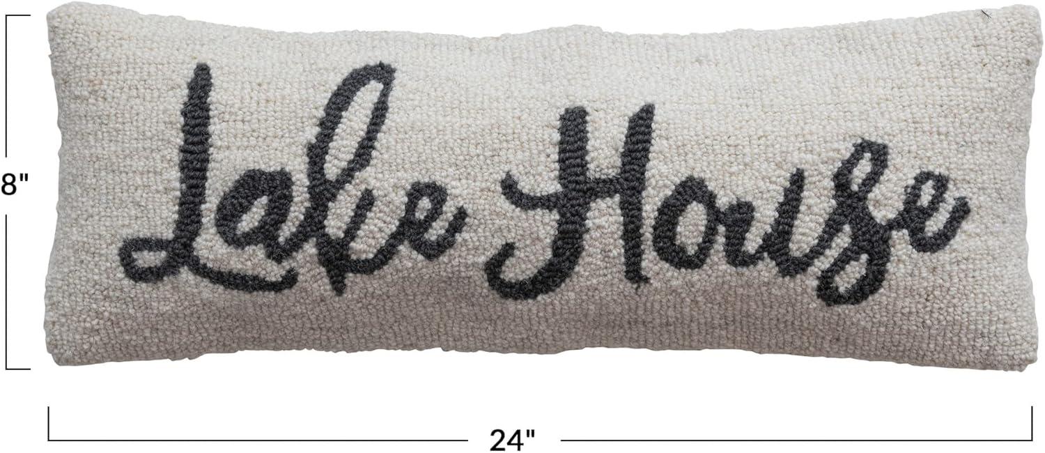 Creative Co-Op Wool and Cotton Lumbar Pillow with "Lake House" Embroidery, Cream and Navy